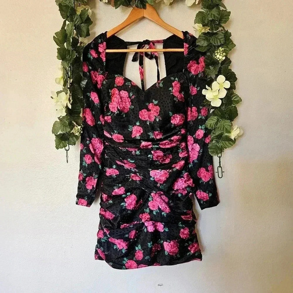NWT Ronny Kobo Nora Dress S Black Pink Floral Silk Blend Ruched Bodycon Mini - Picture 4 of 15